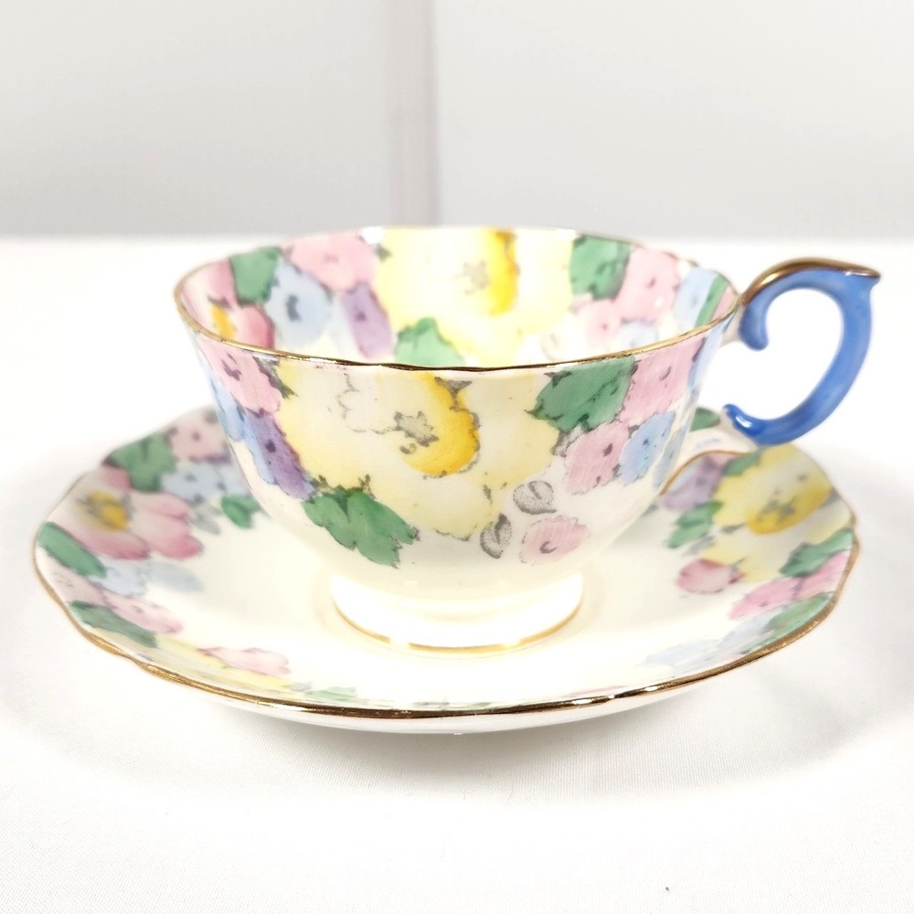 VTG Crown Staffordshire Teacup and Saucer Pink Blue Floral Gold Scalloped Edge